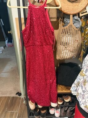Hot pink Sequin Halter Evening Dress